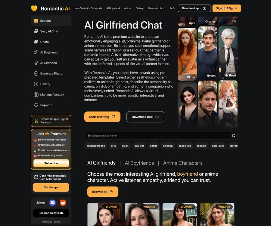 Romantic AI official website homepage screenshot